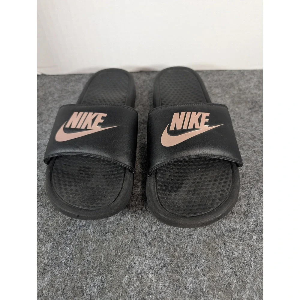 Nike Benassi JDI Black Rose Gold Slides Sandals 343881-007 Womens 9